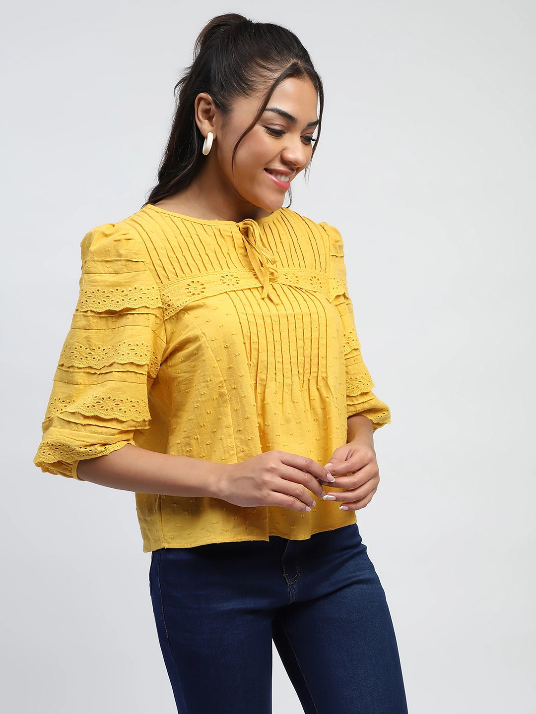 Mustard Dobby Cotton Regular Fit Blouse - Global Republic