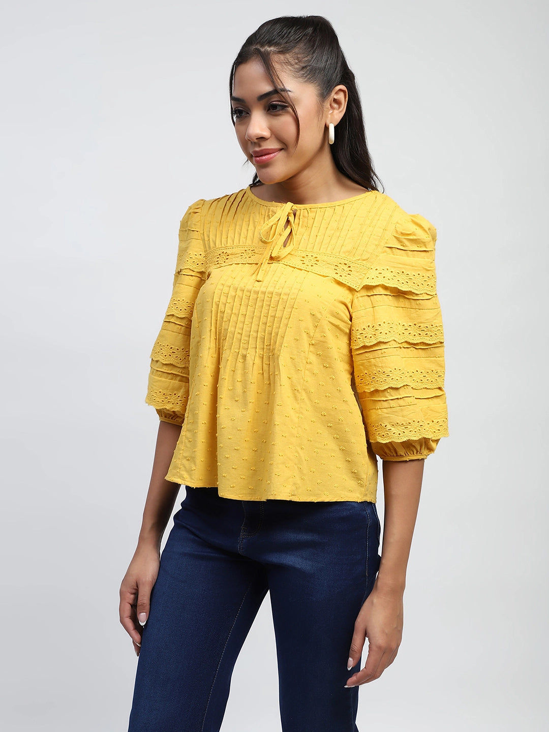 Mustard Dobby Cotton Regular Fit Blouse - Global Republic