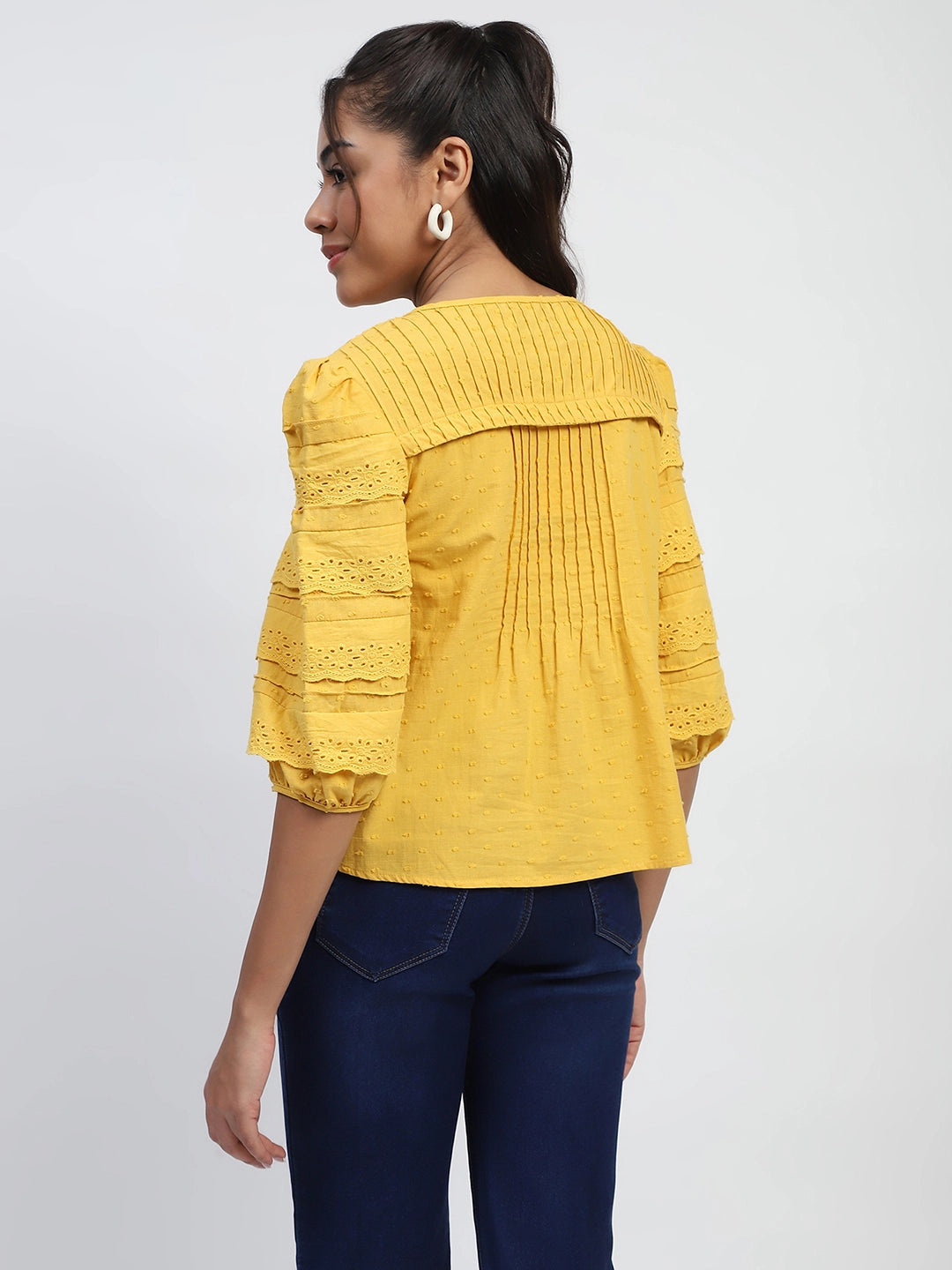 Mustard Dobby Cotton Regular Fit Blouse - Global Republic