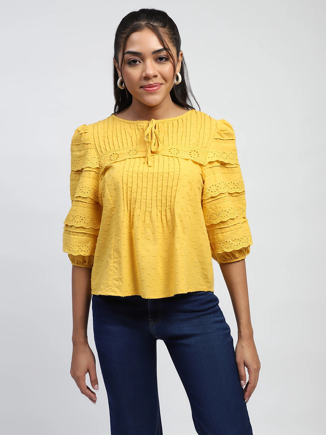 Mustard Dobby Cotton Regular Fit Blouse - Global Republic