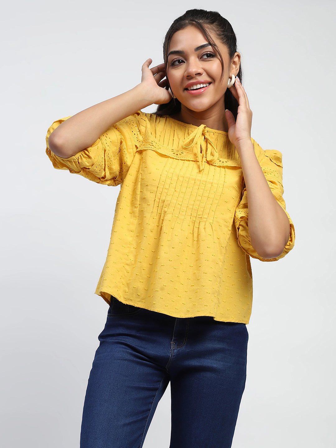 Mustard Dobby Cotton Regular Fit Blouse - Global Republic