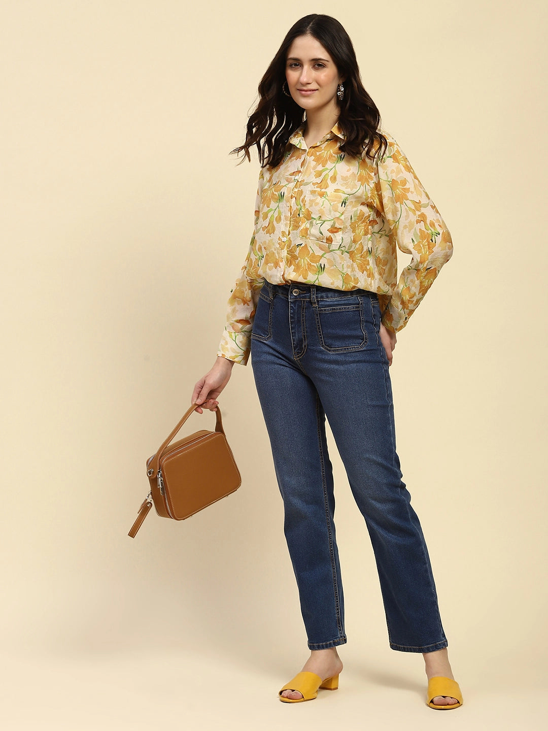 Yellow Floral Print Rayon Blend Shirt - Global Republic