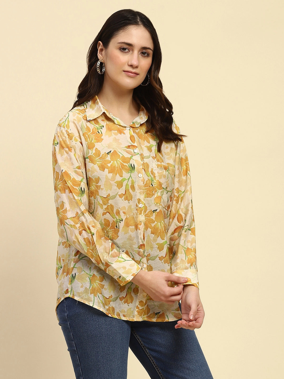 Yellow Floral Print Rayon Blend Shirt - Global Republic