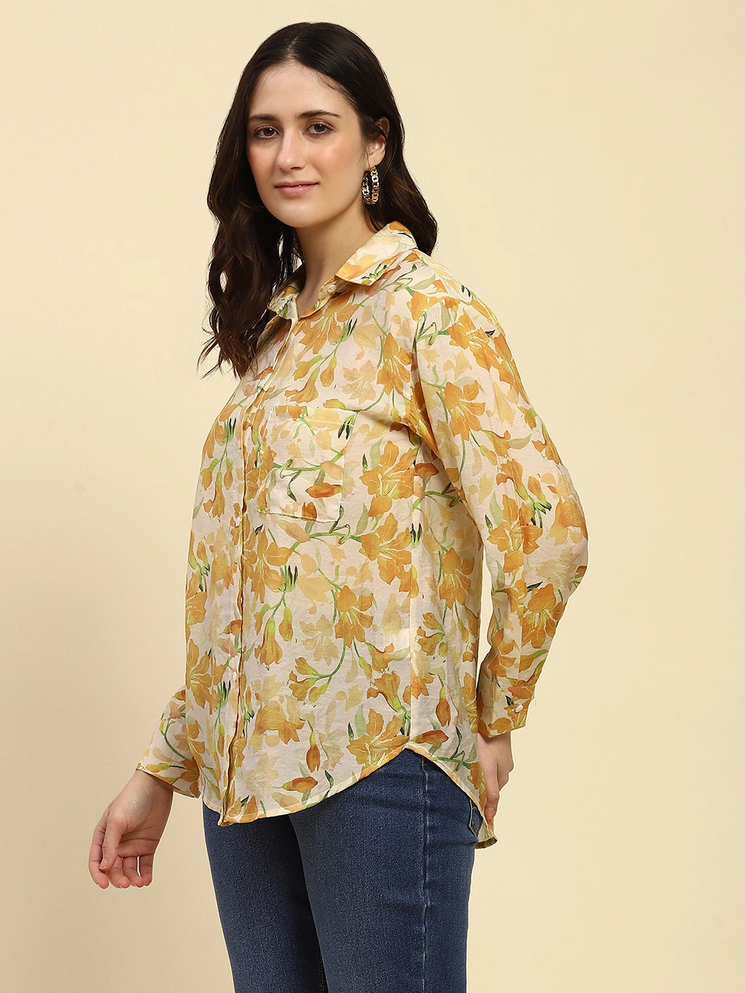 Yellow Floral Print Rayon Blend Shirt - Global Republic