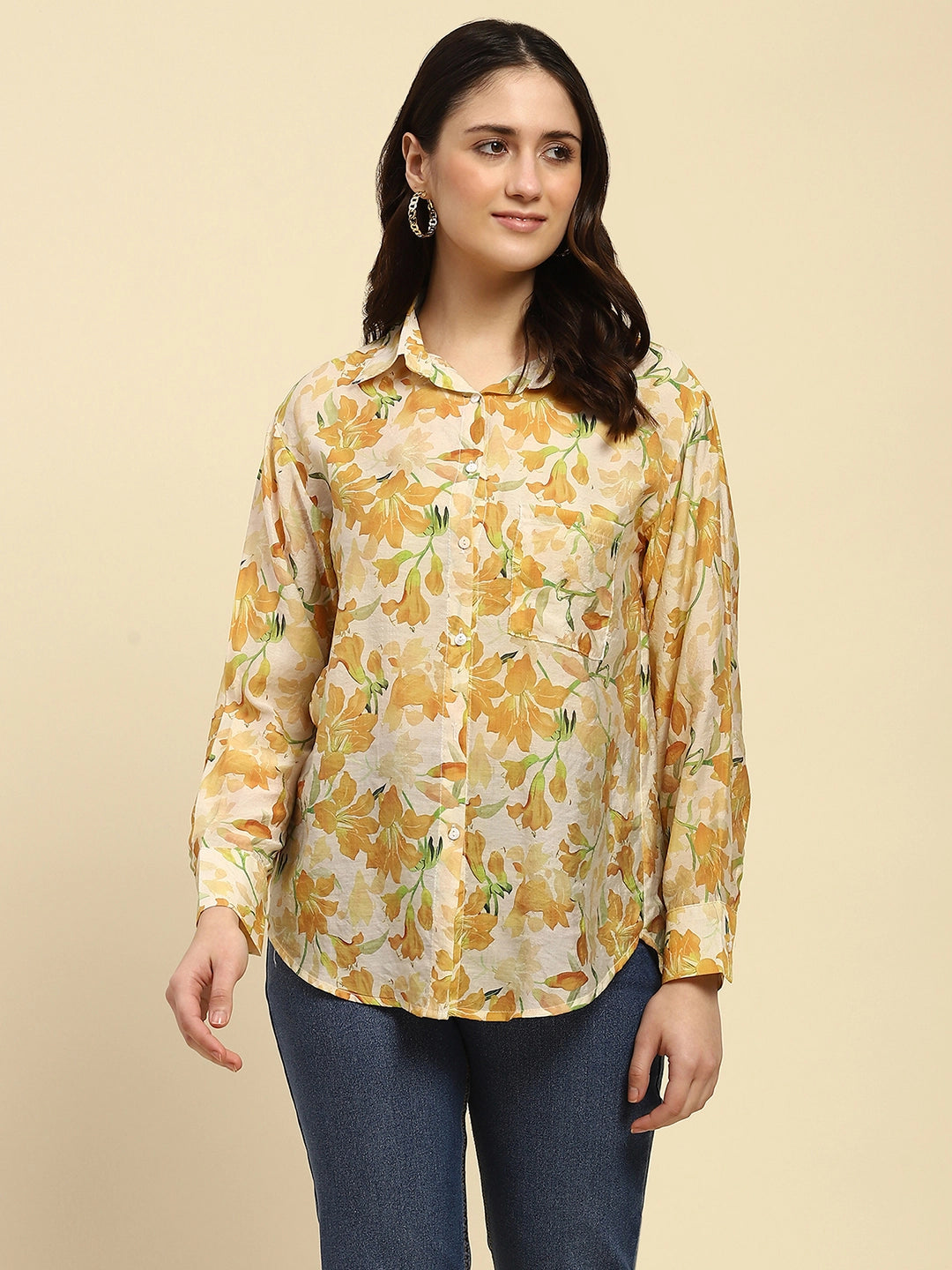 Yellow Floral Print Rayon Blend Shirt - Global Republic