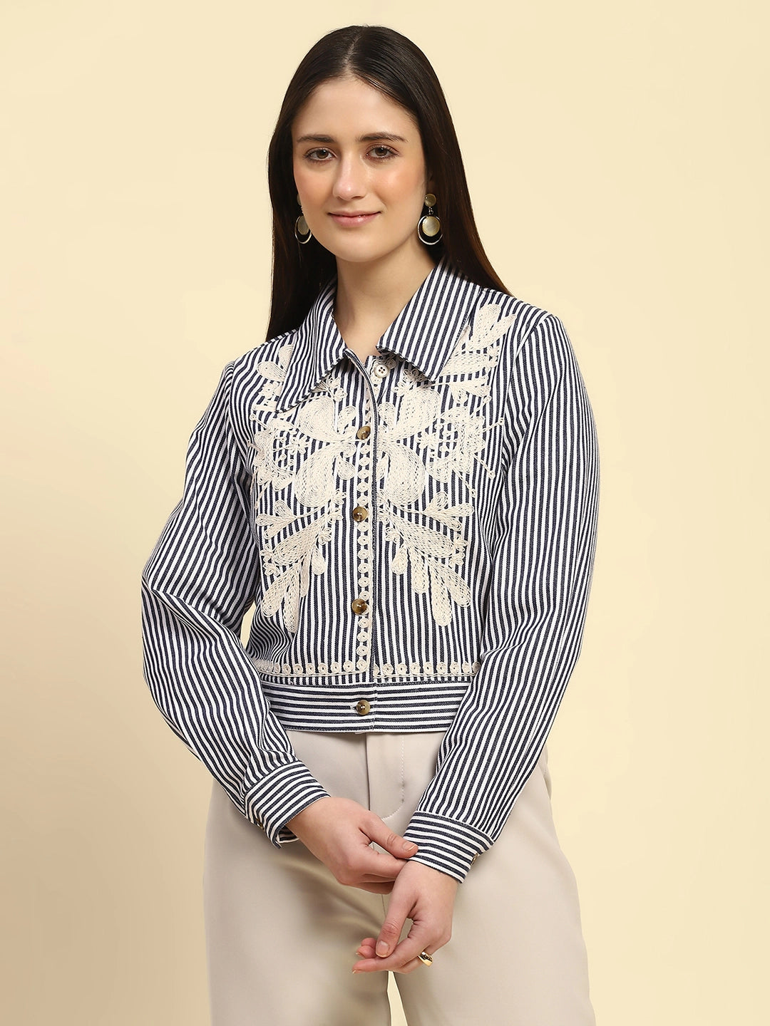 Navy Embroidered Striped Cotton Shirt - Global Republic