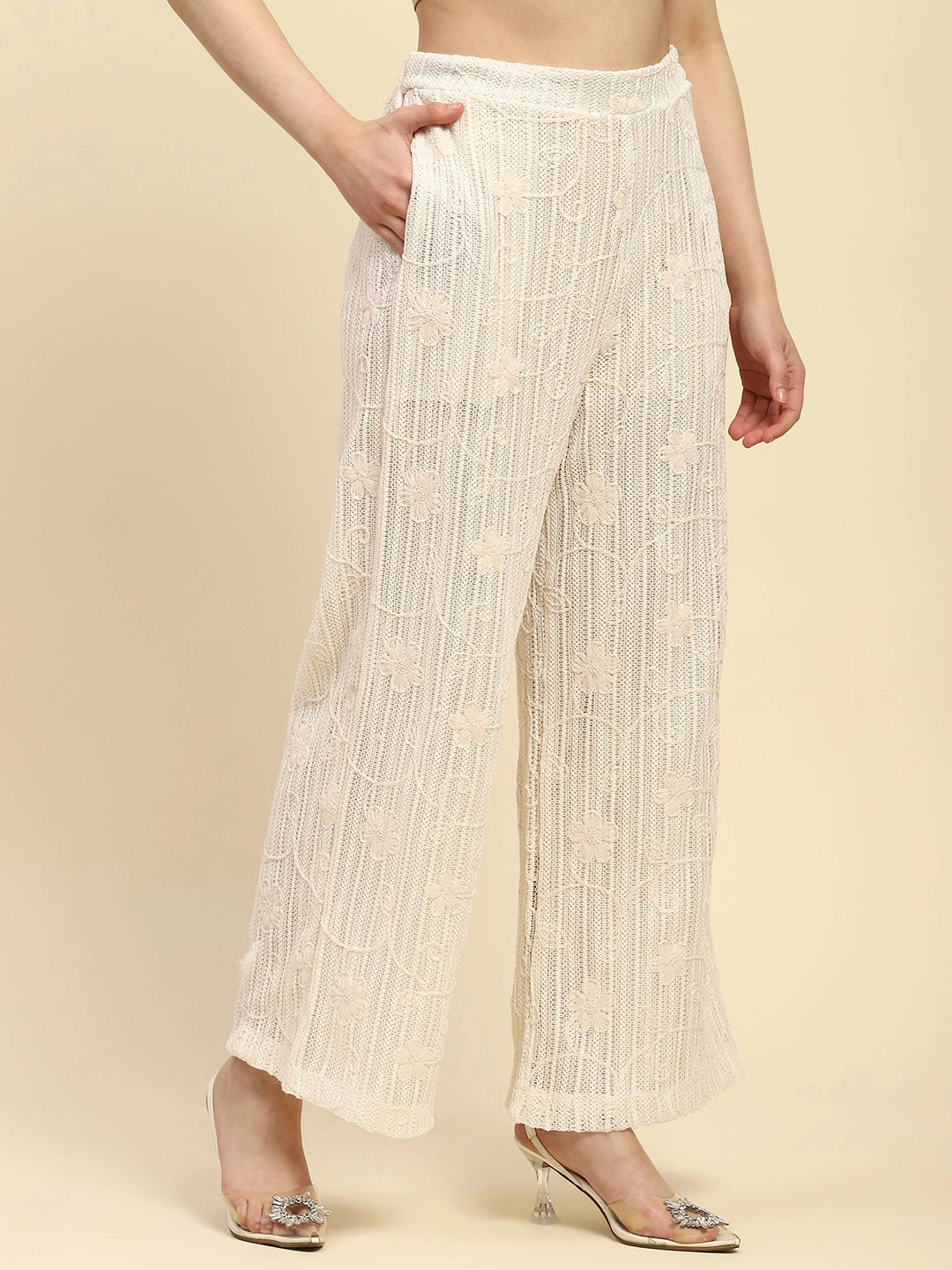 Cream Embroidered Cotton Relaxed Lower - Global Republic