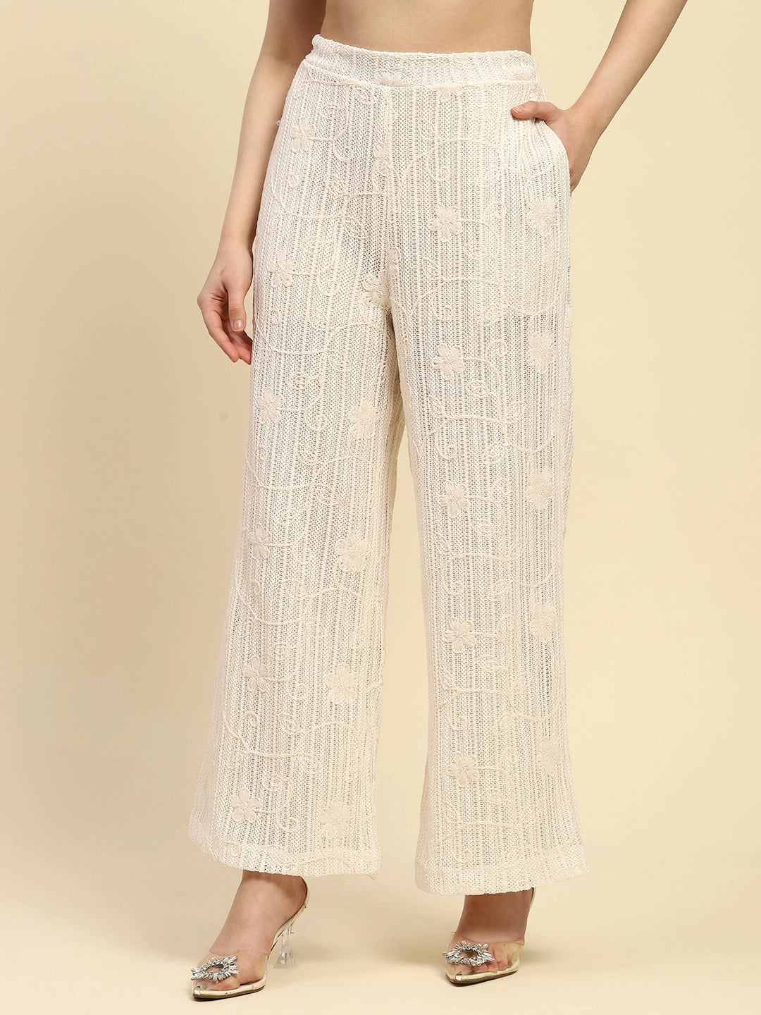 Cream Embroidered Cotton Relaxed Lower - Global Republic