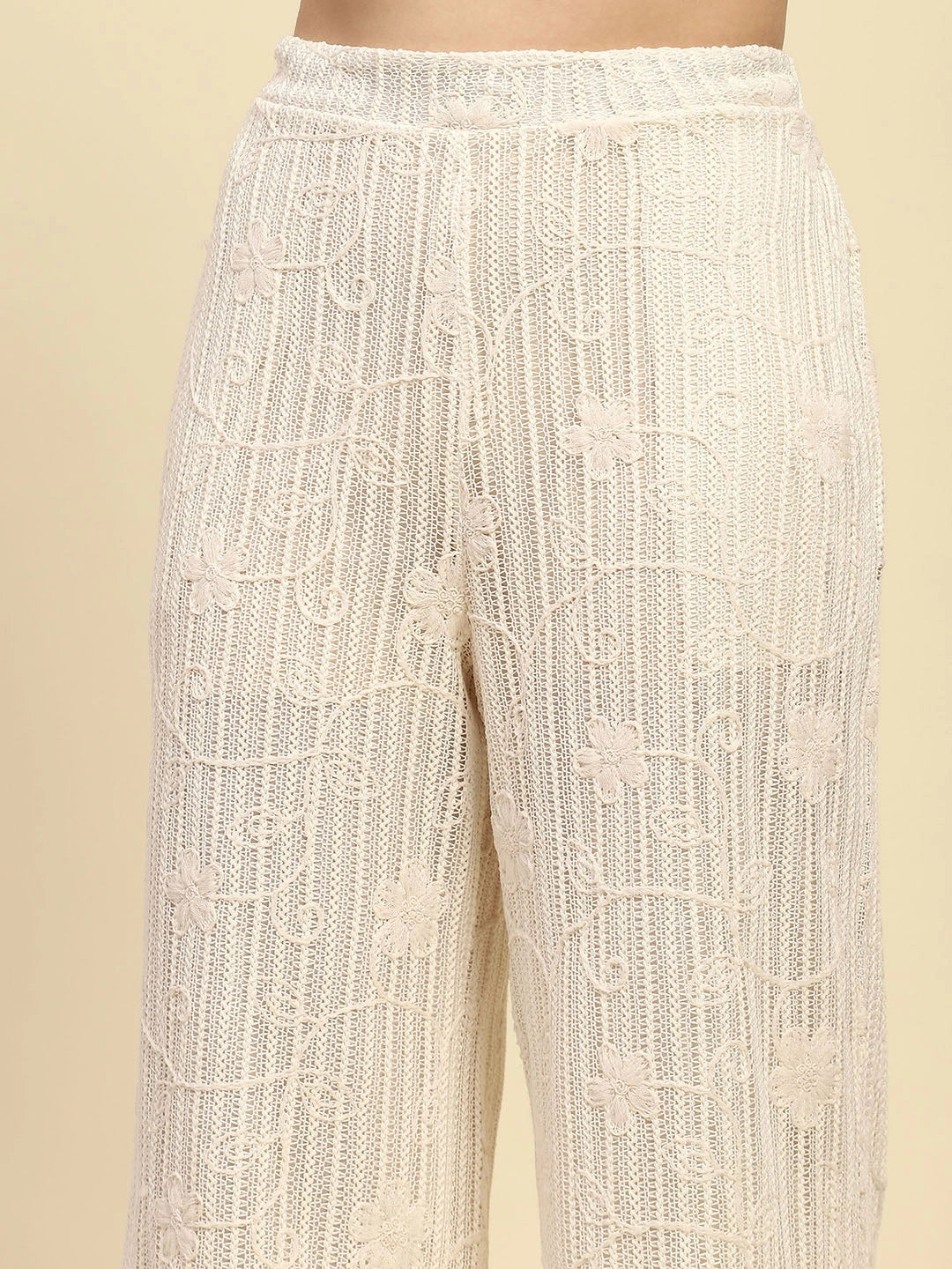 Cream Embroidered Cotton Relaxed Lower - Global Republic