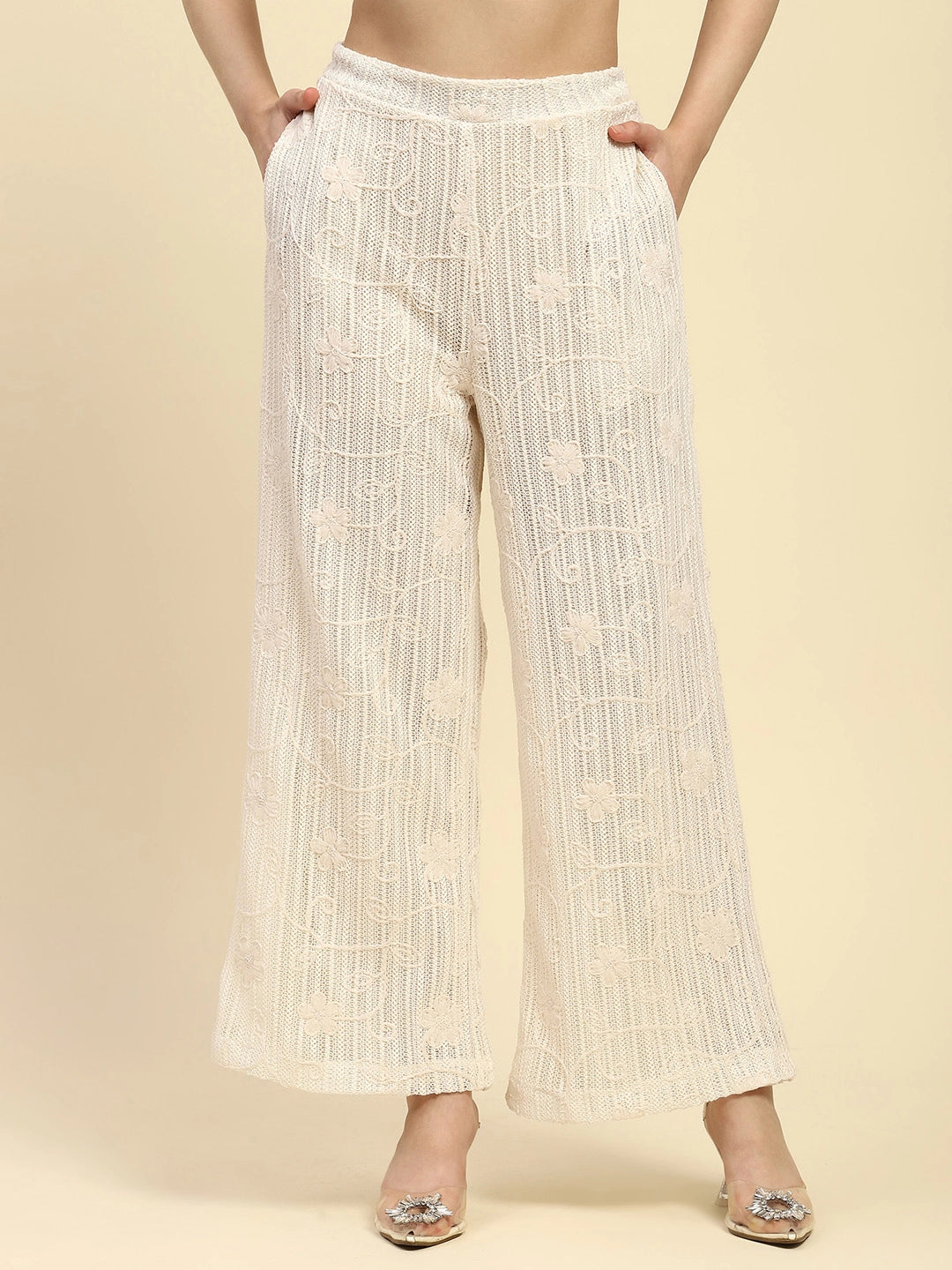 Cream Embroidered Cotton Relaxed Lower - Global Republic