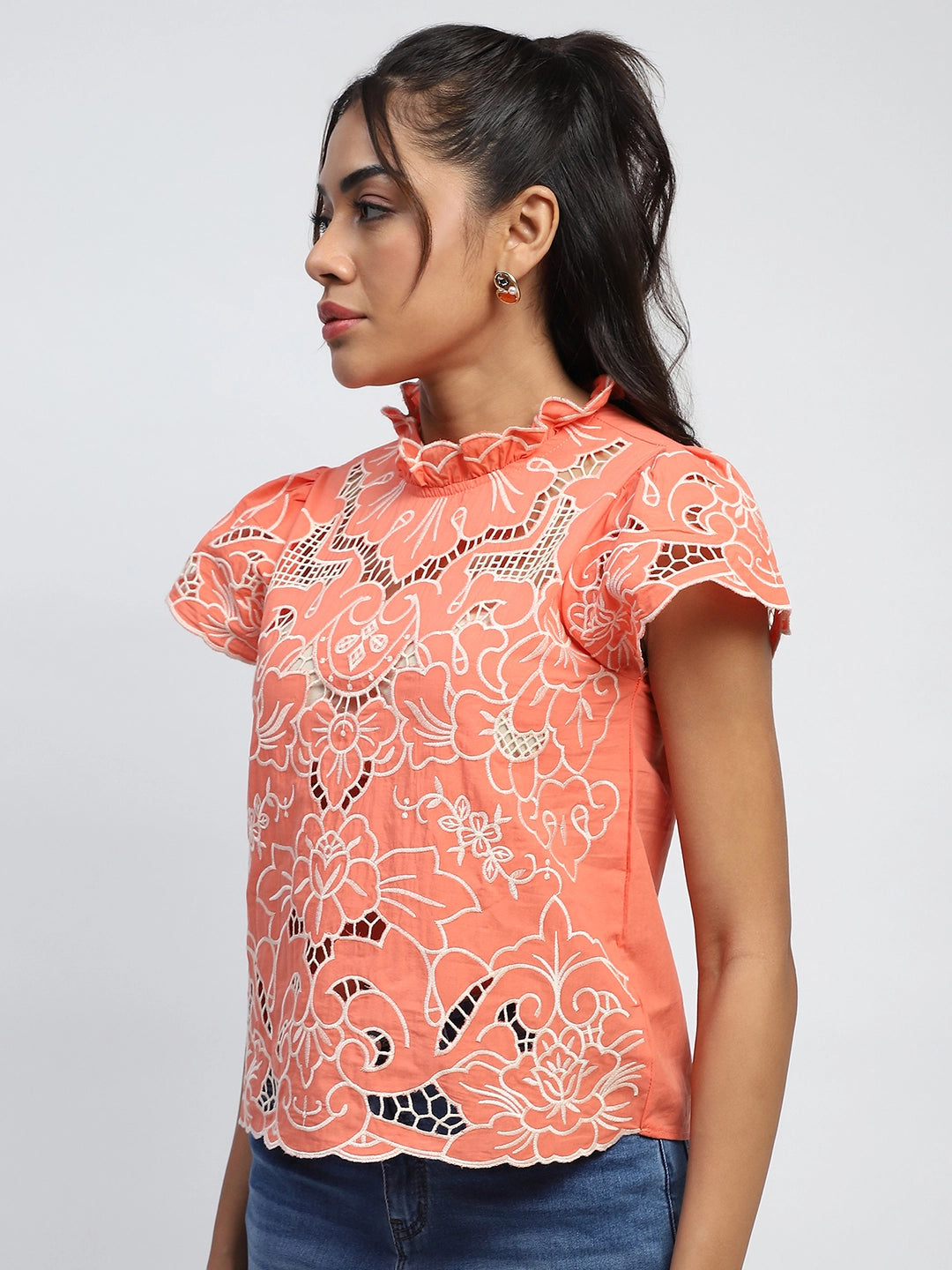 Peach Cut Work Embroidered Top - Global Republic