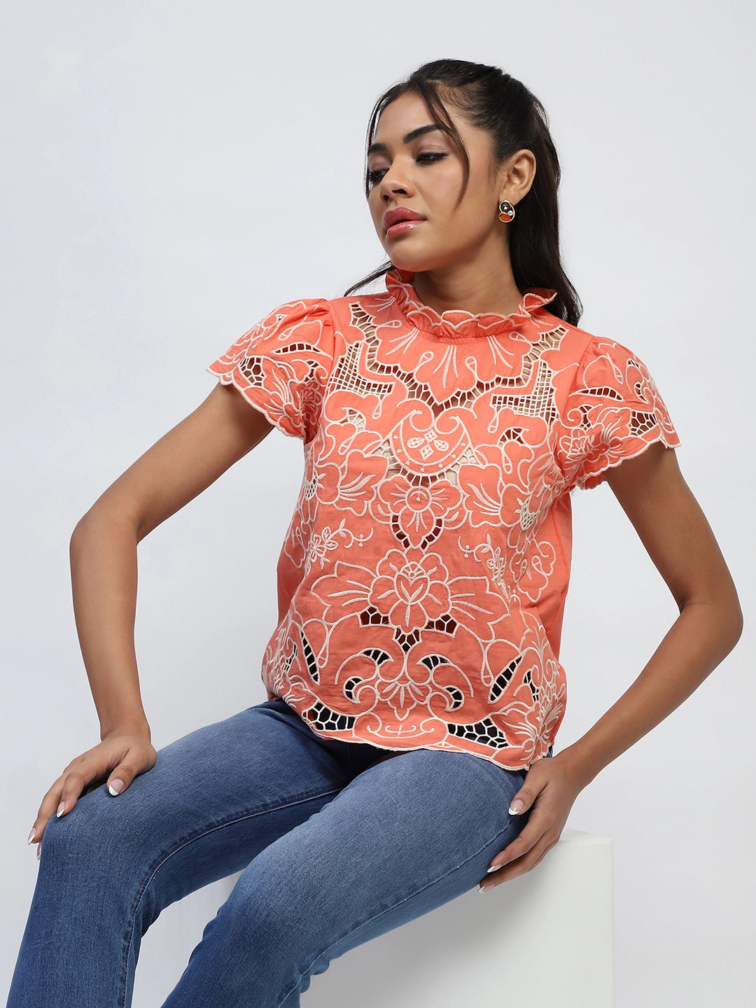 Peach Cut Work Embroidered Top - Global Republic