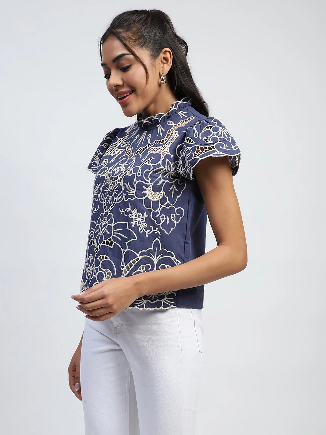 Navy Cut Work Embroidered Cotton Top - Global Republic