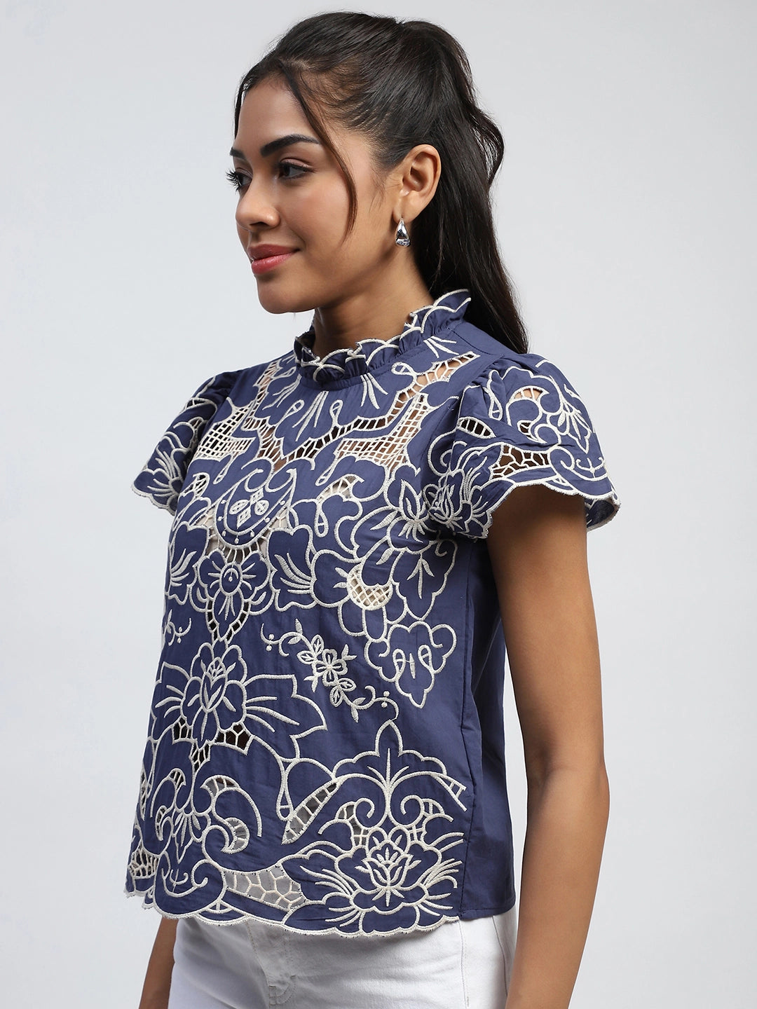 Navy Cut Work Embroidered Cotton Top - Global Republic