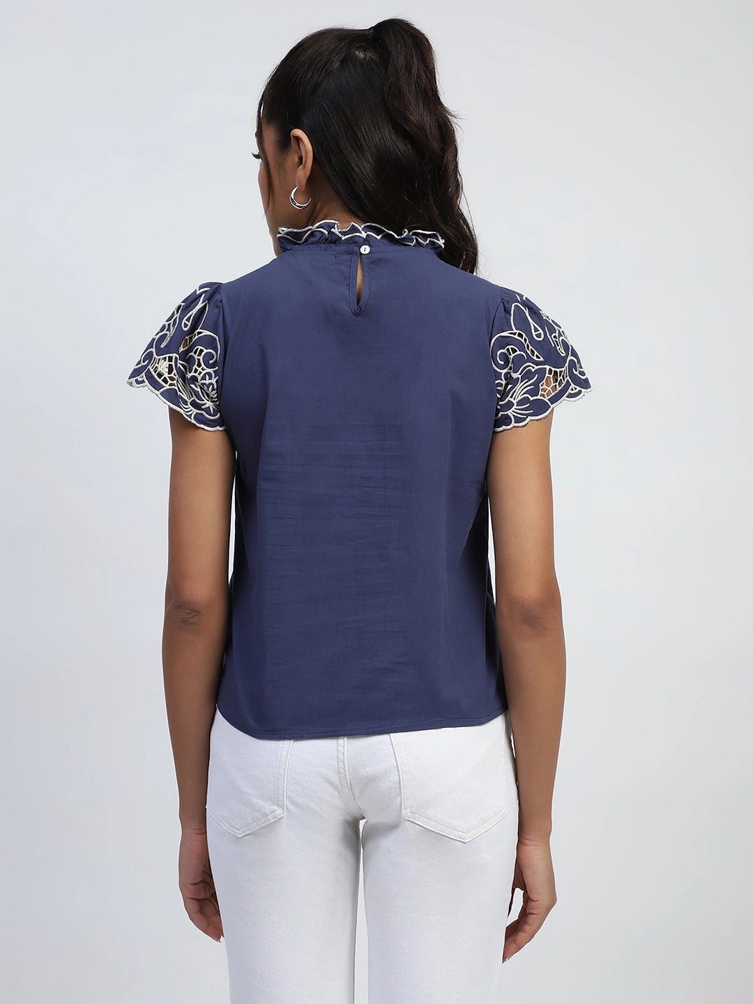 Navy Cut Work Embroidered Cotton Top - Global Republic