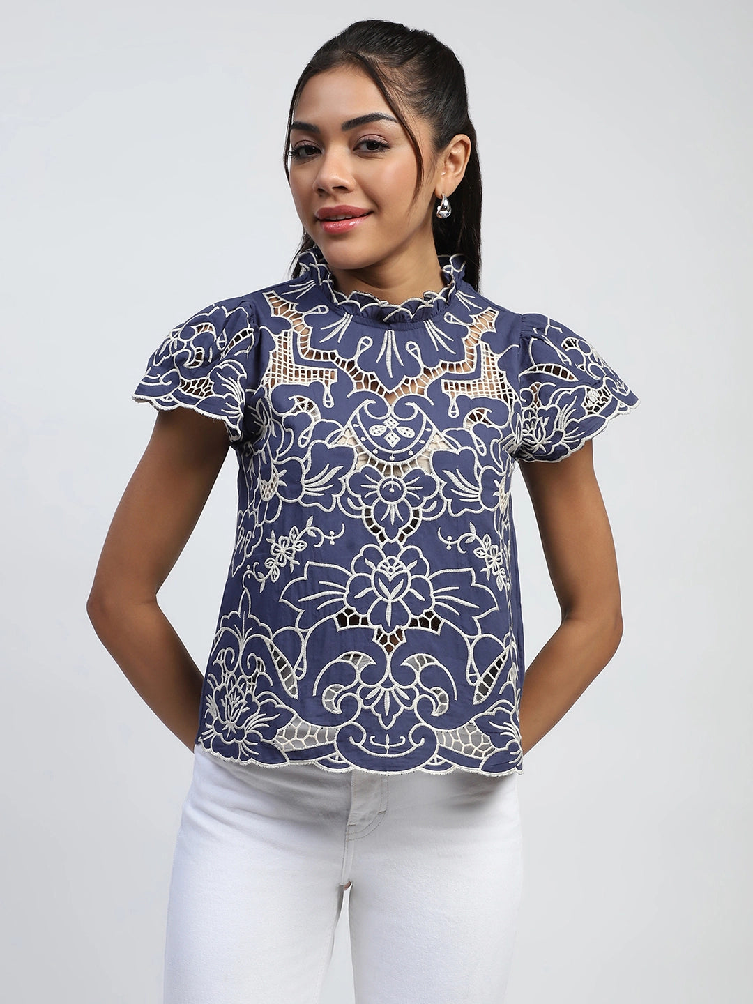 Navy Cut Work Embroidered Cotton Top - Global Republic