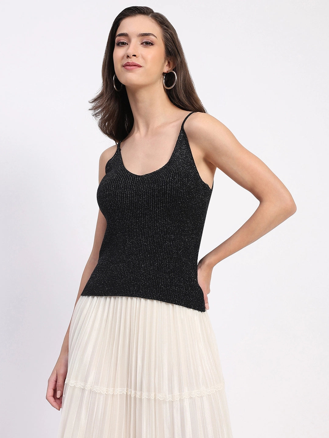 Shimmer Ribbed Two-Way Neck Top - Global Republic