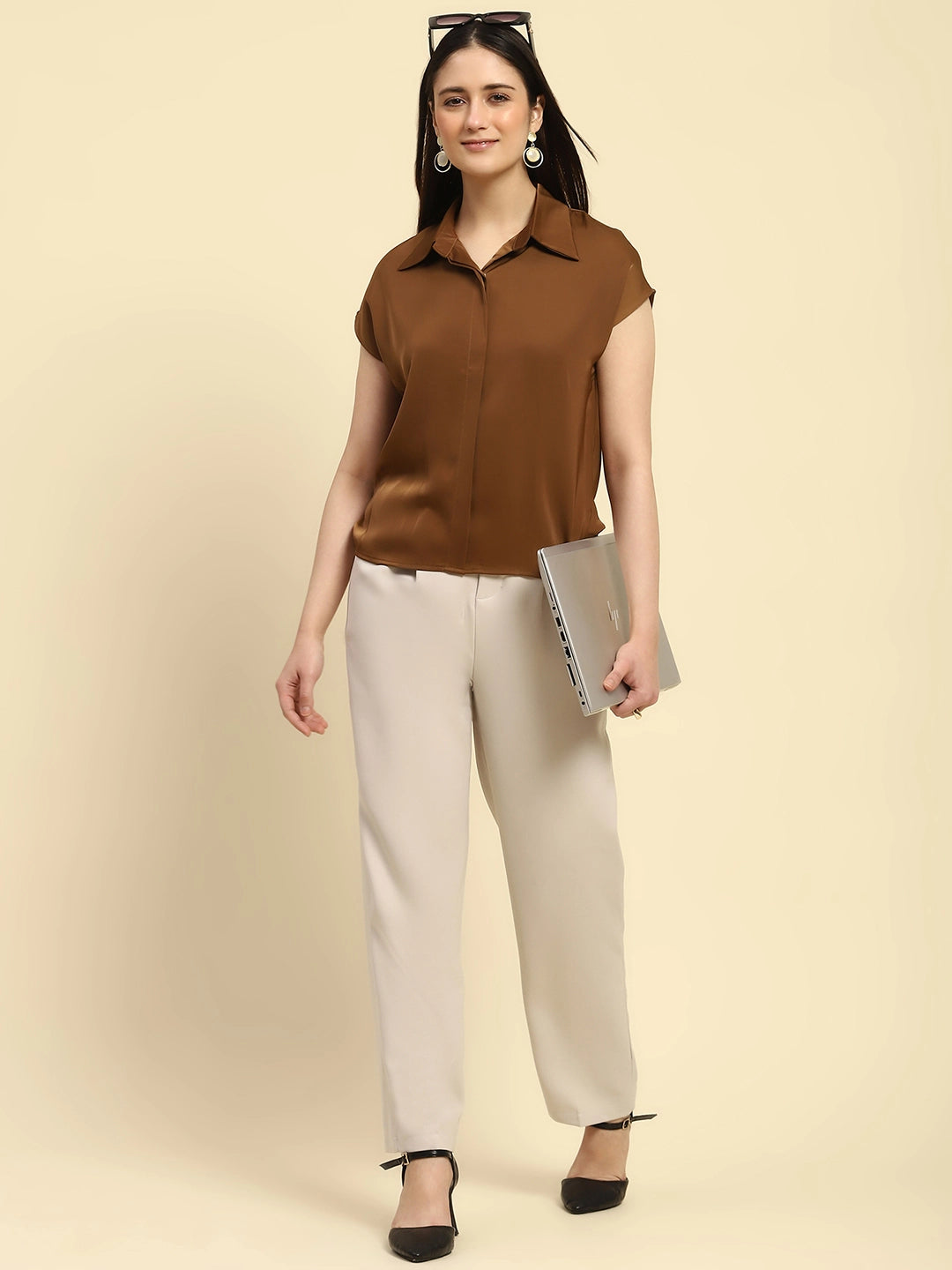 Brown Solid Satin Loose Fit Formal Shirt - Global Republic