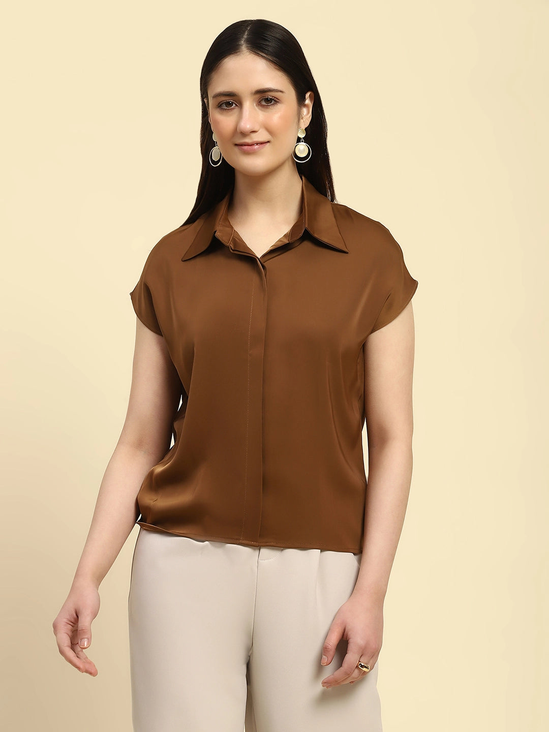 Brown Solid Satin Loose Fit Formal Shirt - Global Republic
