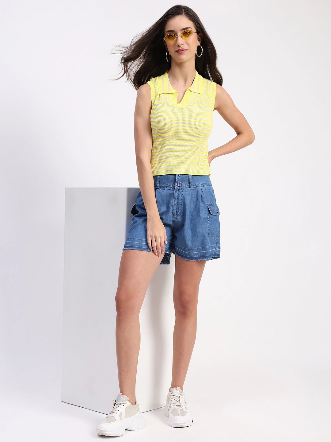 Yellow Viscose Striped Crop Top - Global Republic