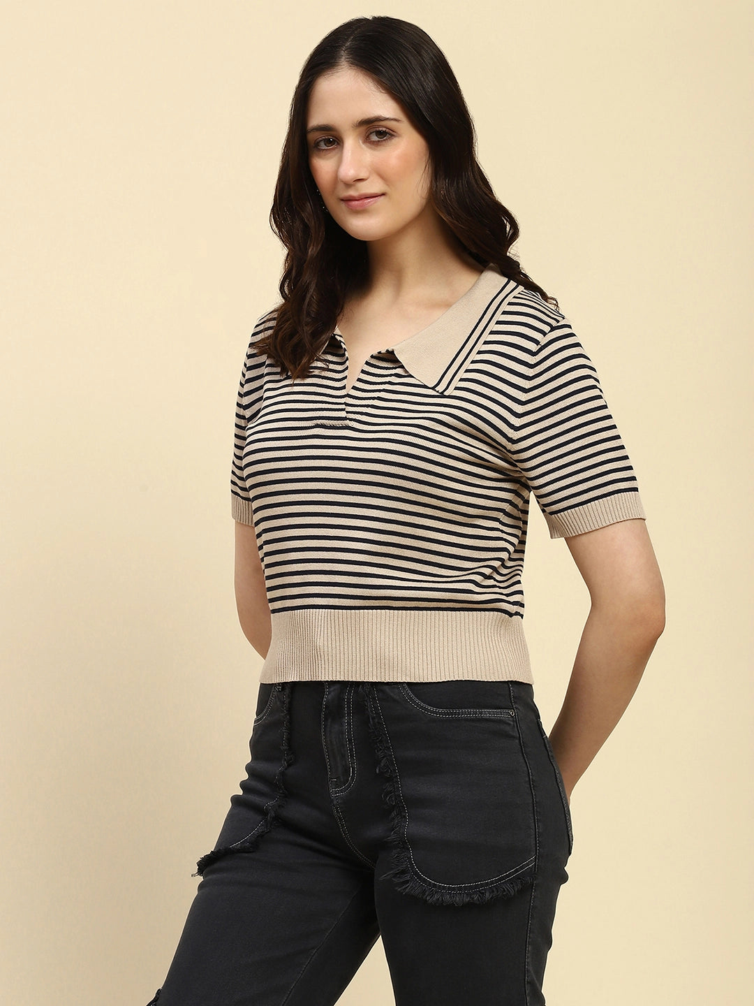 Natural Striped Viscose Boxy Top - Global Republic