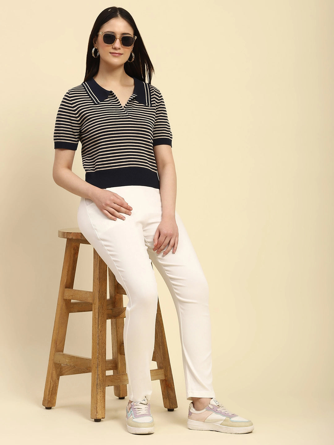Navy Striped Viscose Boxy Top - Global Republic
