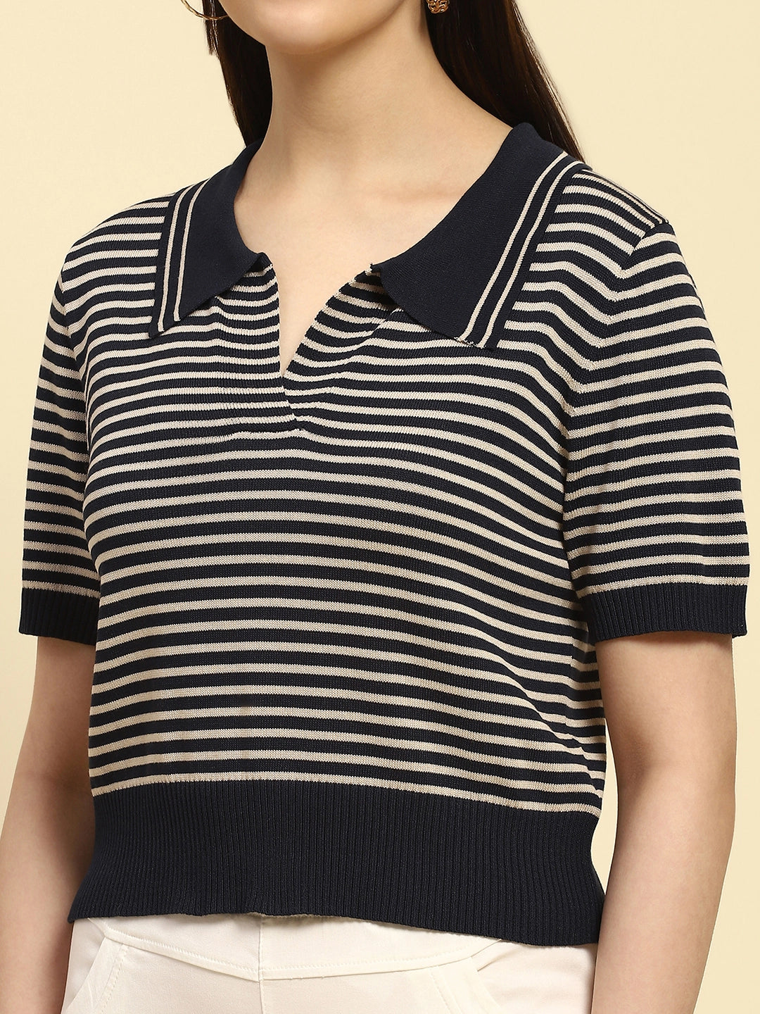 Navy Striped Viscose Boxy Top - Global Republic