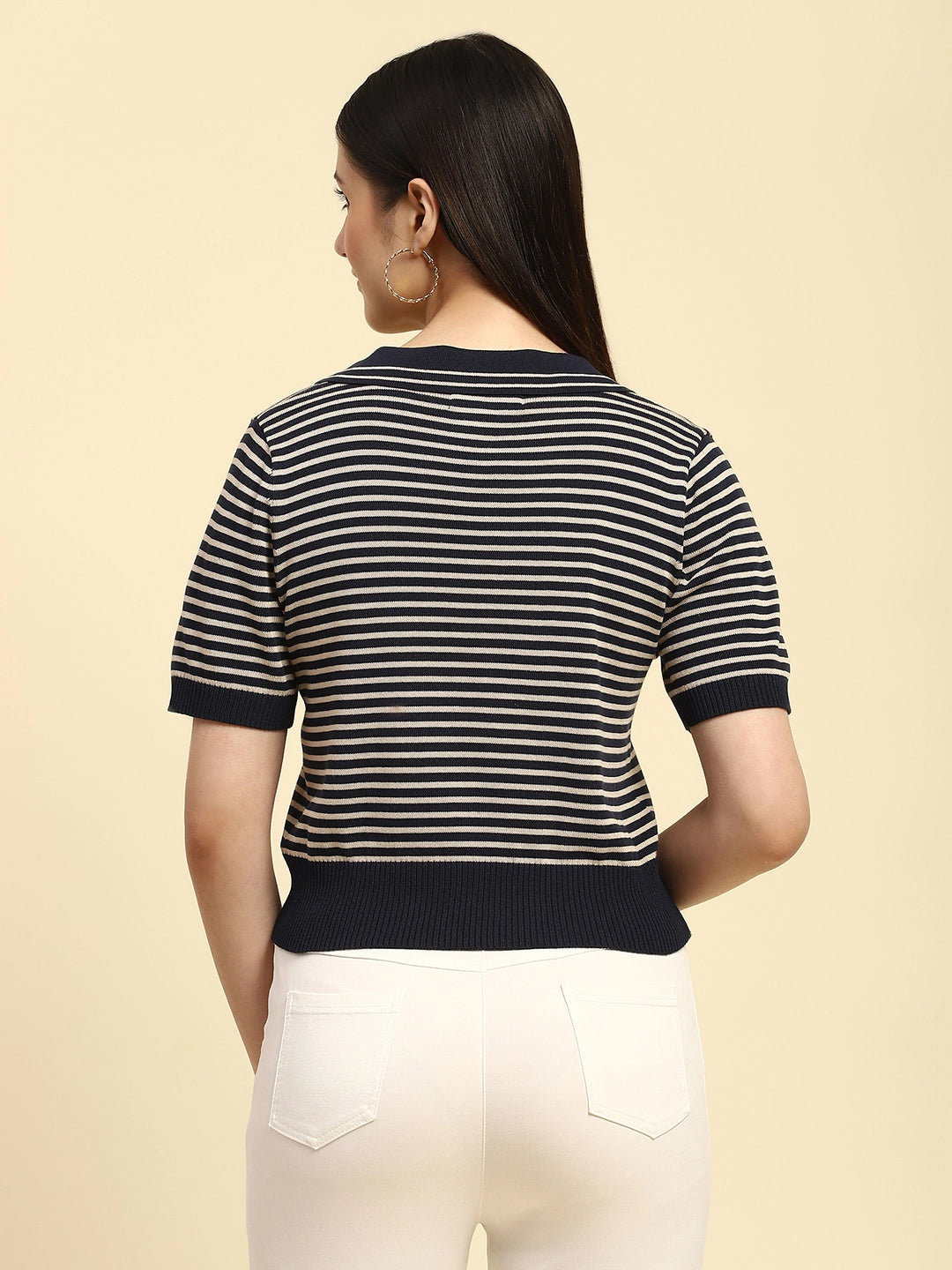 Navy Striped Viscose Boxy Top - Global Republic