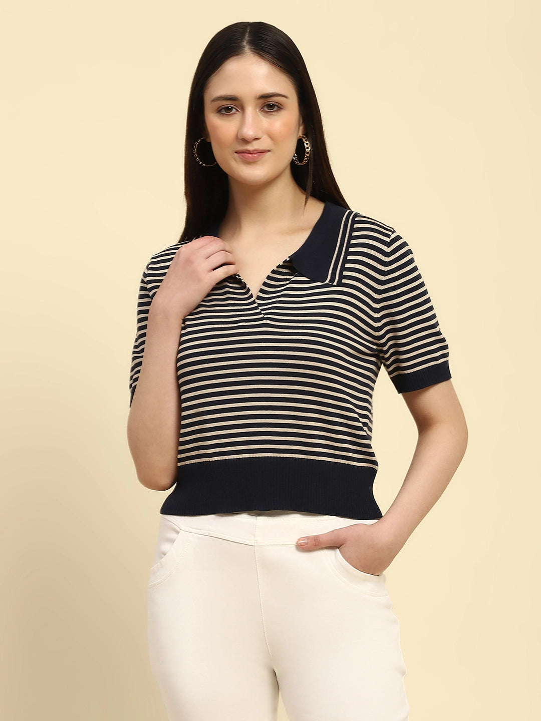 Navy Striped Viscose Boxy Top - Global Republic