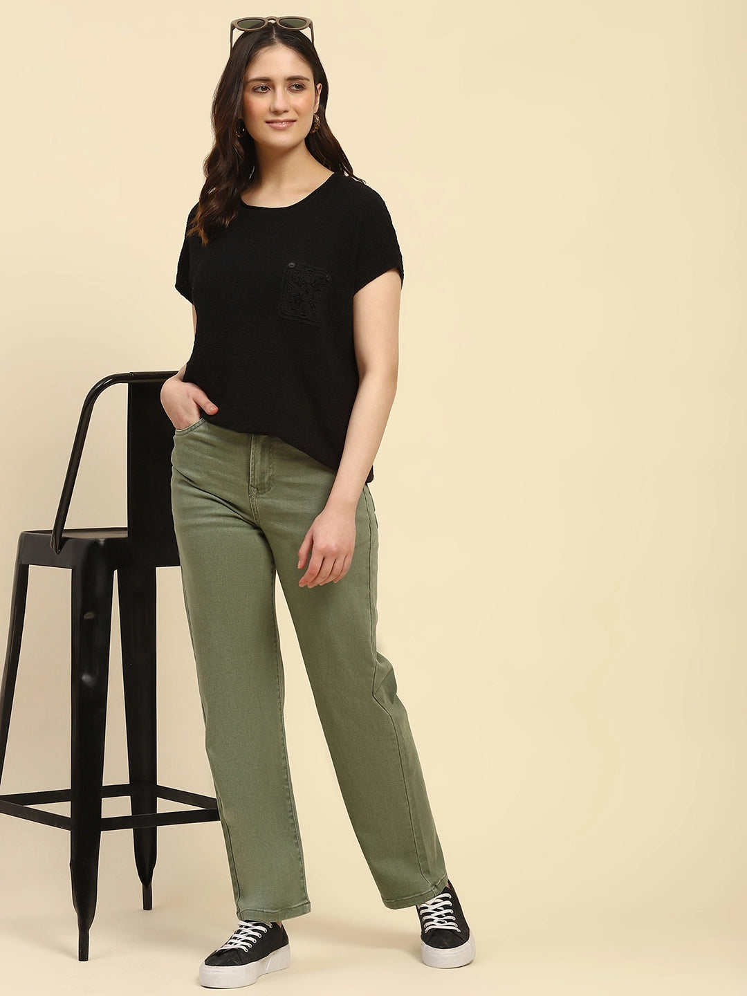 Black Textured Viscose Boxy Top - Global Republic