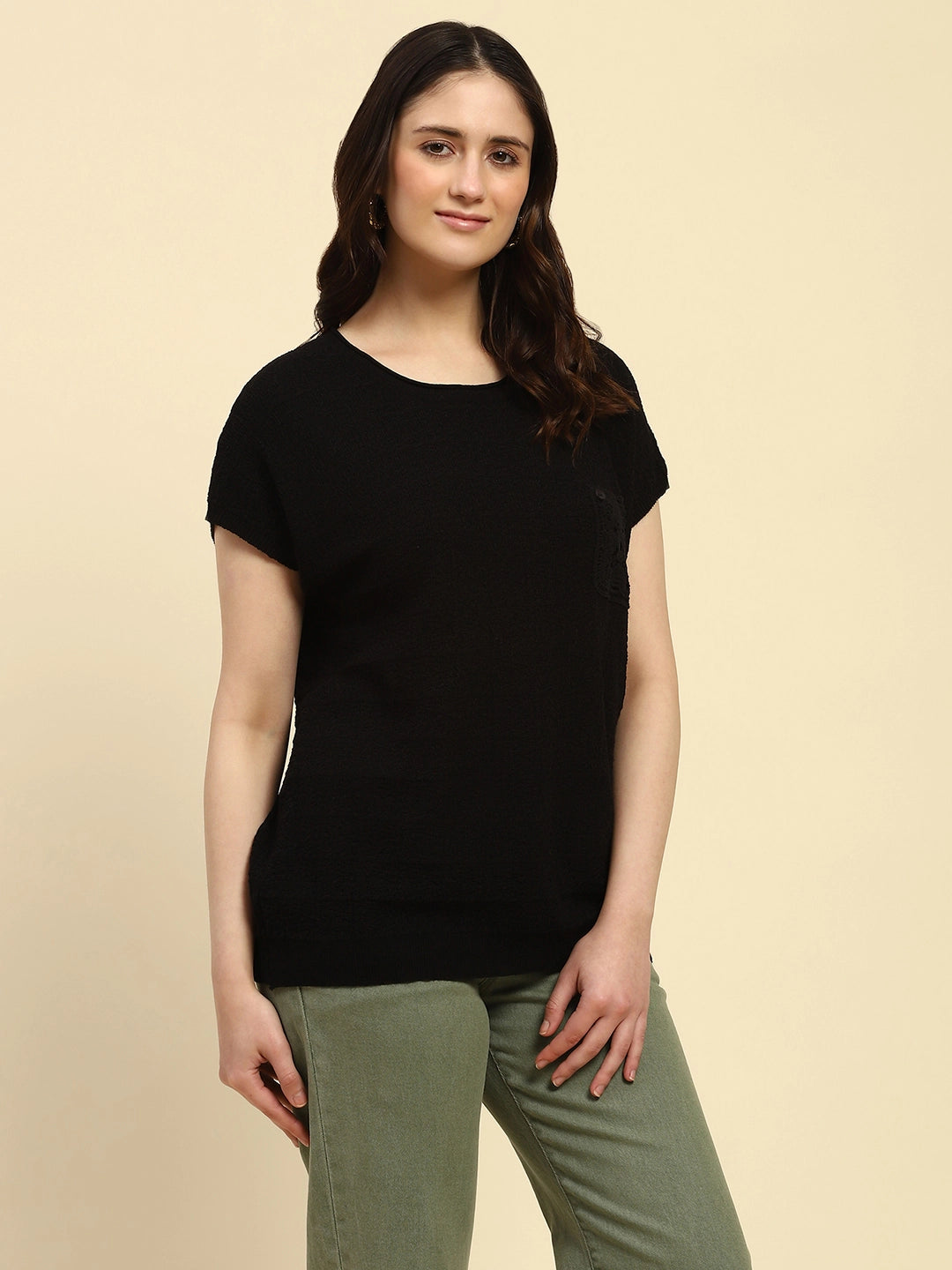 Black Textured Viscose Boxy Top - Global Republic