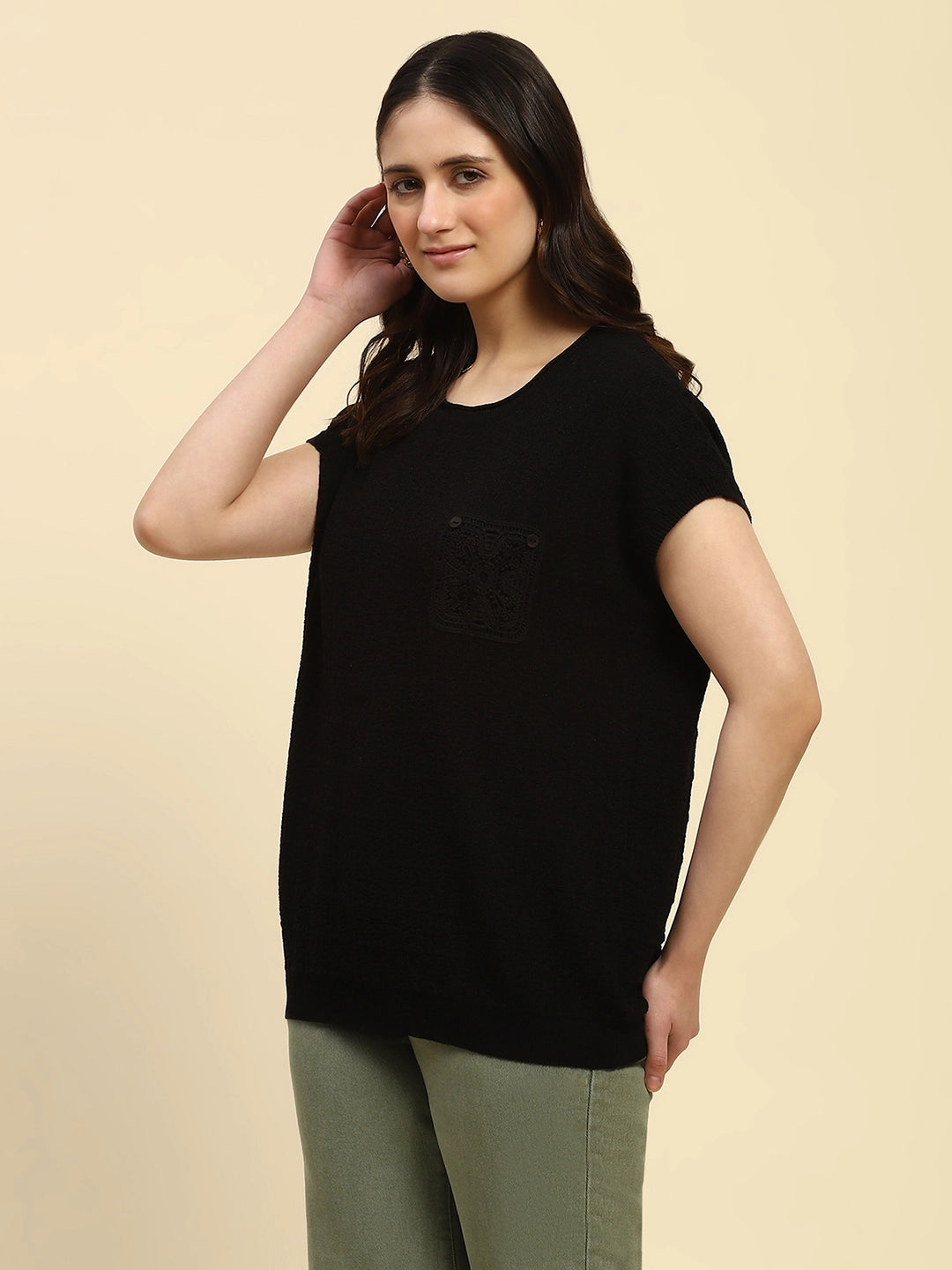 Black Textured Viscose Boxy Top - Global Republic