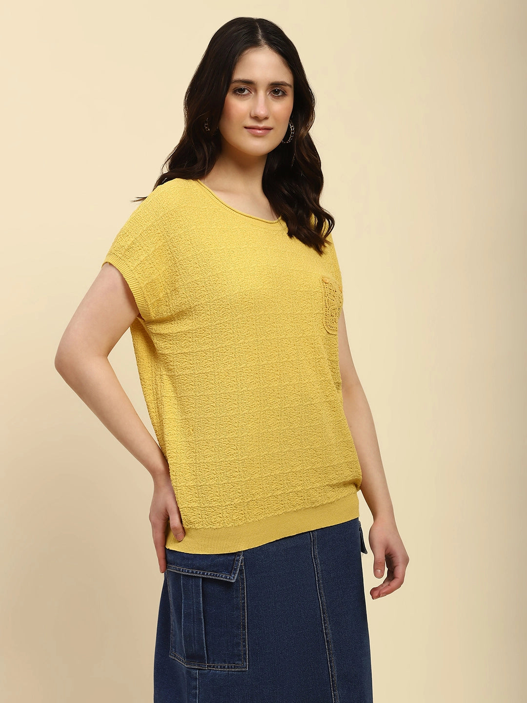 Mustard Textured Viscose Boxy Top - Global Republic