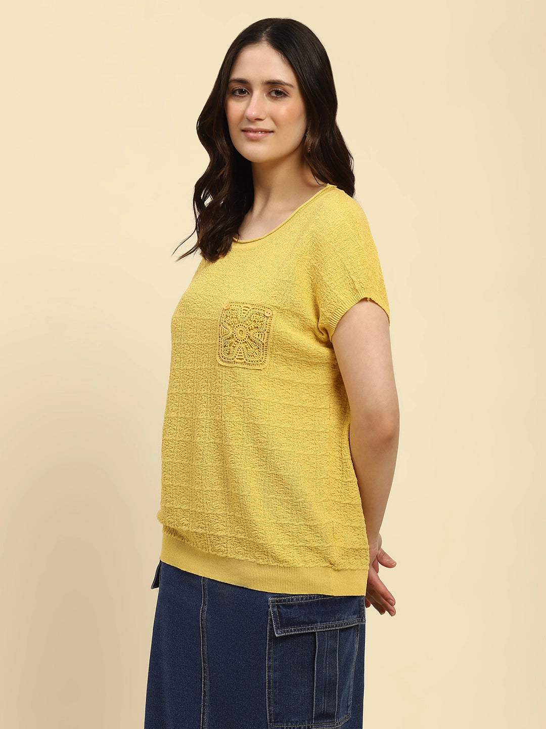 Mustard Textured Viscose Boxy Top - Global Republic