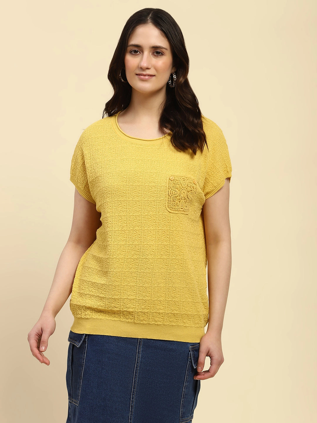 Mustard Textured Viscose Boxy Top - Global Republic