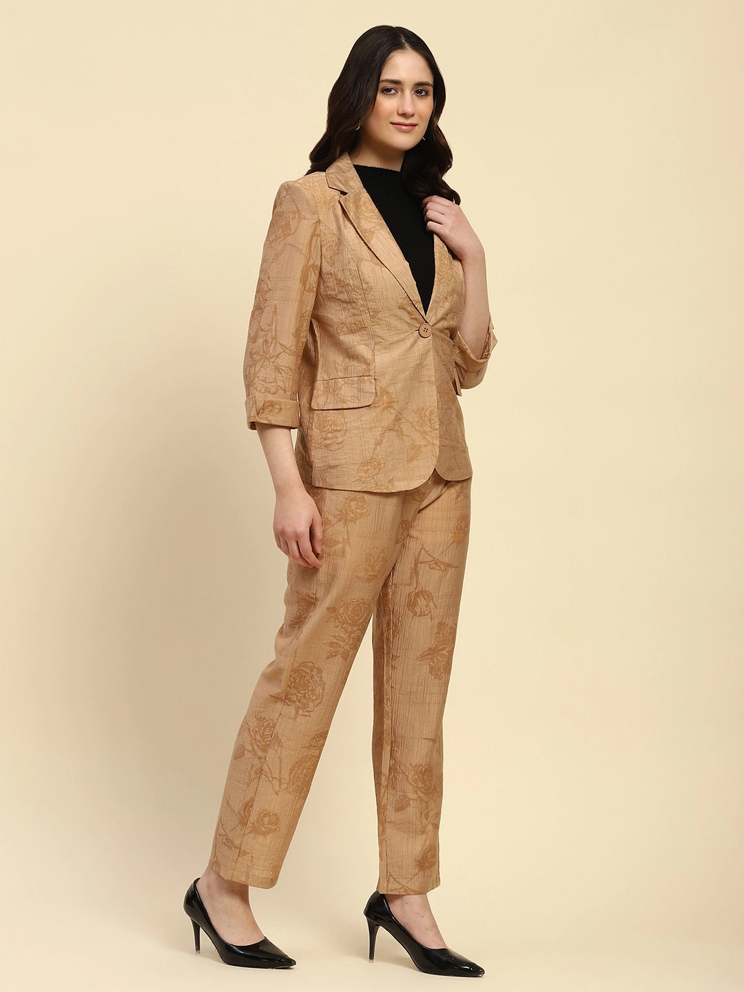 Beige Floral Tencel Relaxed Co-ord Set - Global Republic