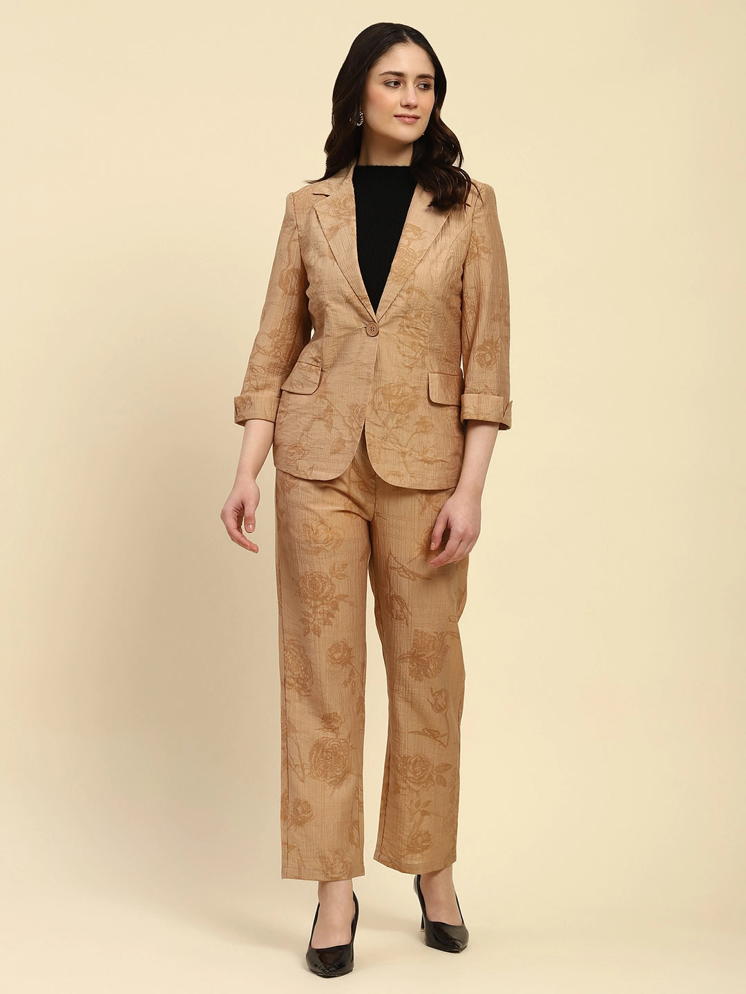 Beige Floral Tencel Relaxed Co-ord Set - Global Republic