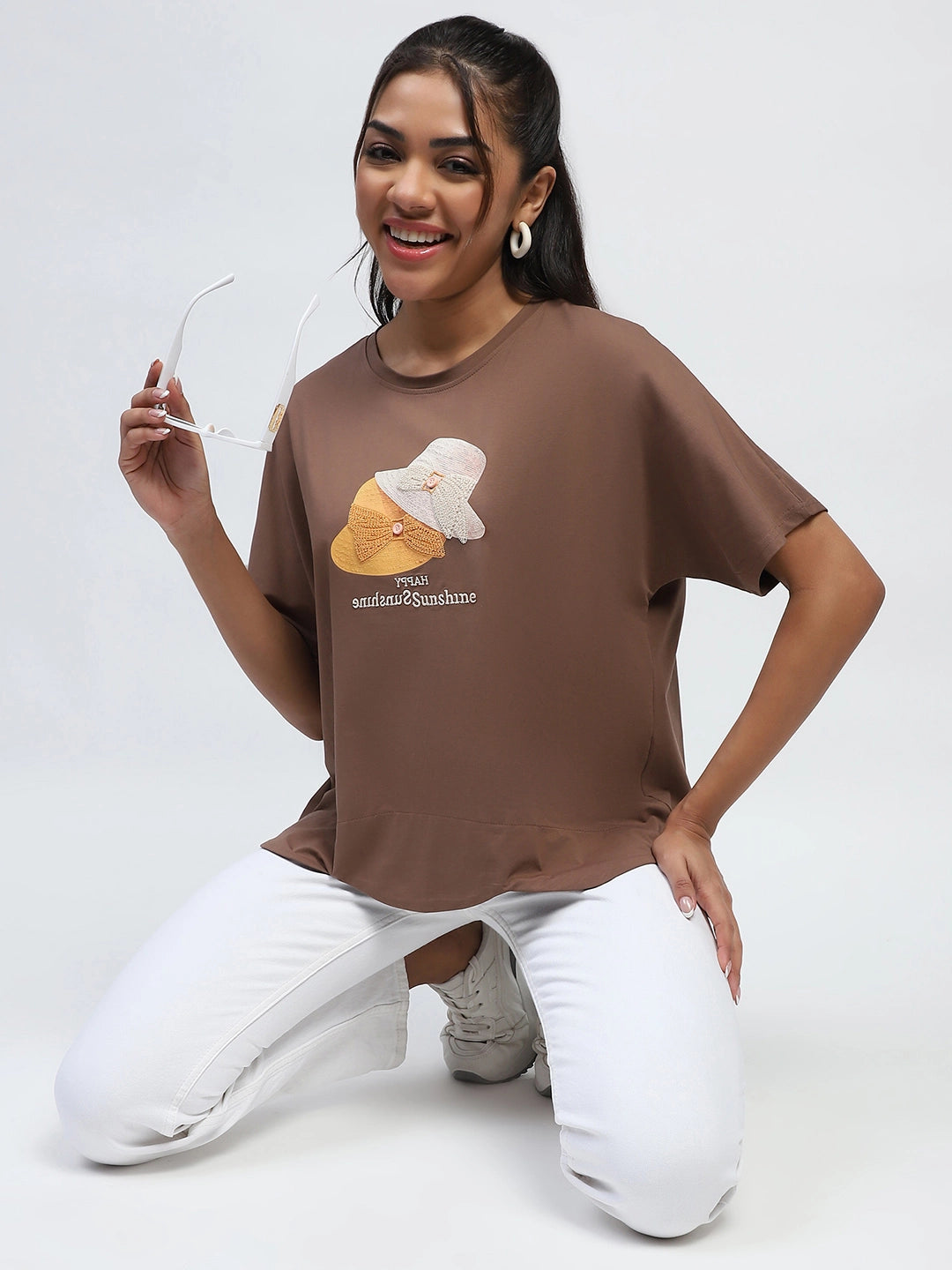 Brown Cotton Embroidered Boxy Top - Global Republic