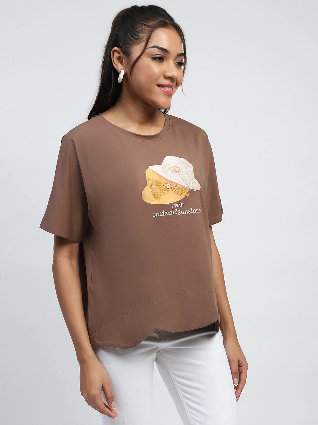 Brown Cotton Embroidered Boxy Top - Global Republic