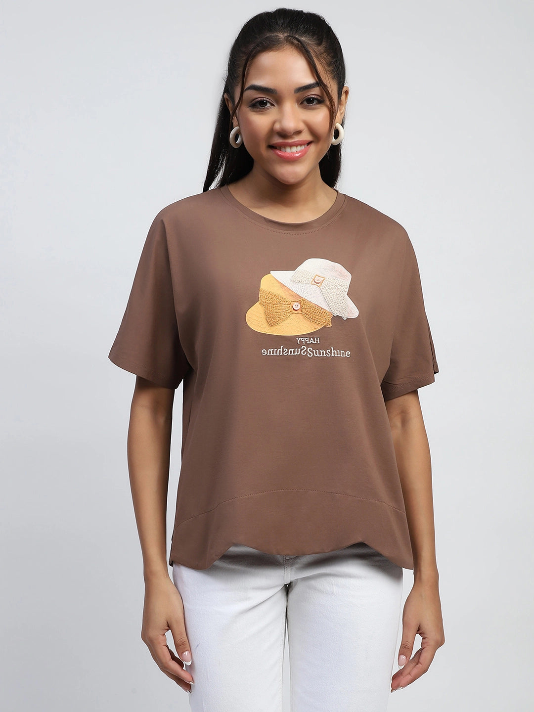 Brown Cotton Embroidered Boxy Top - Global Republic