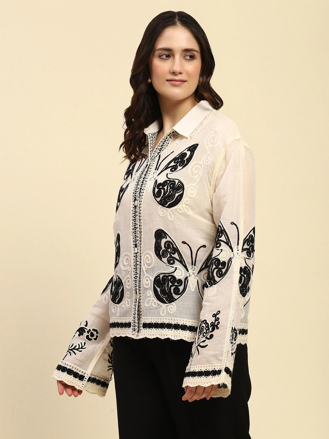 Cream & Black Embroidered Cotton Shirt - Global Republic