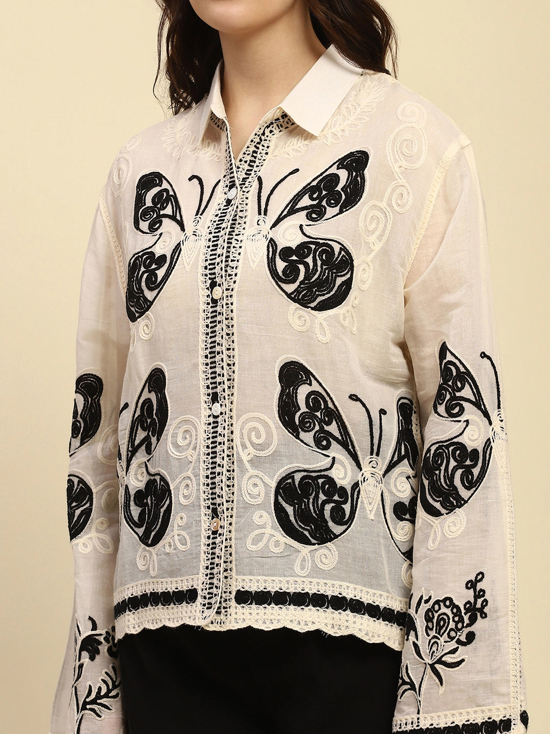 Cream & Black Embroidered Cotton Shirt - Global Republic