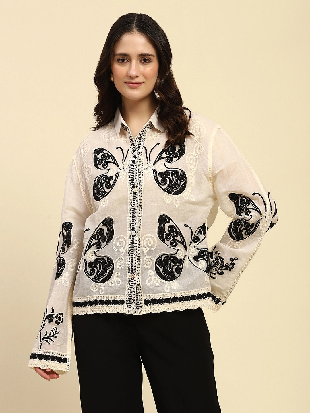 Cream & Black Embroidered Cotton Shirt - Global Republic