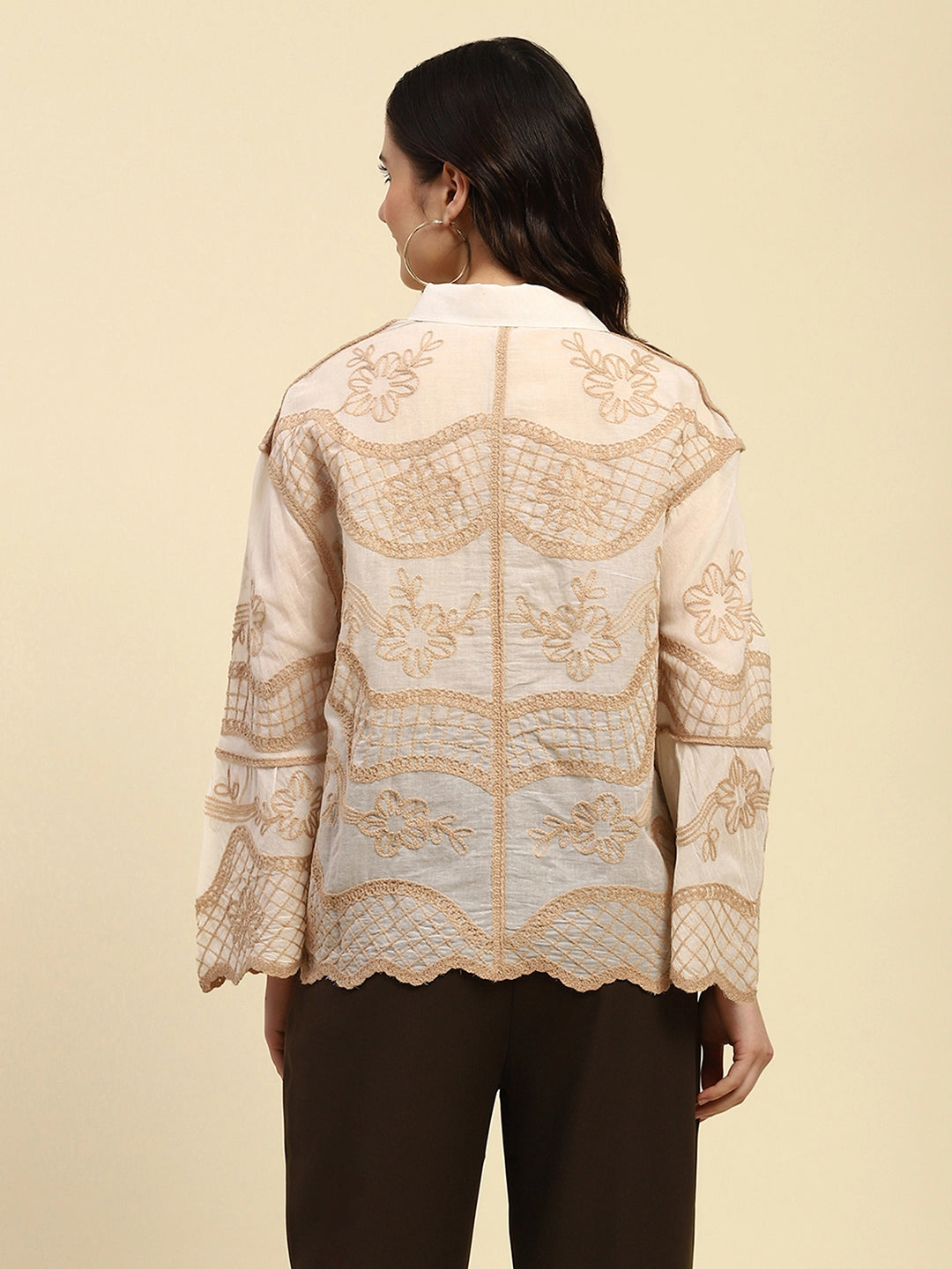 Cream & Beige Embroidered Cotton Shirt - Global Republic