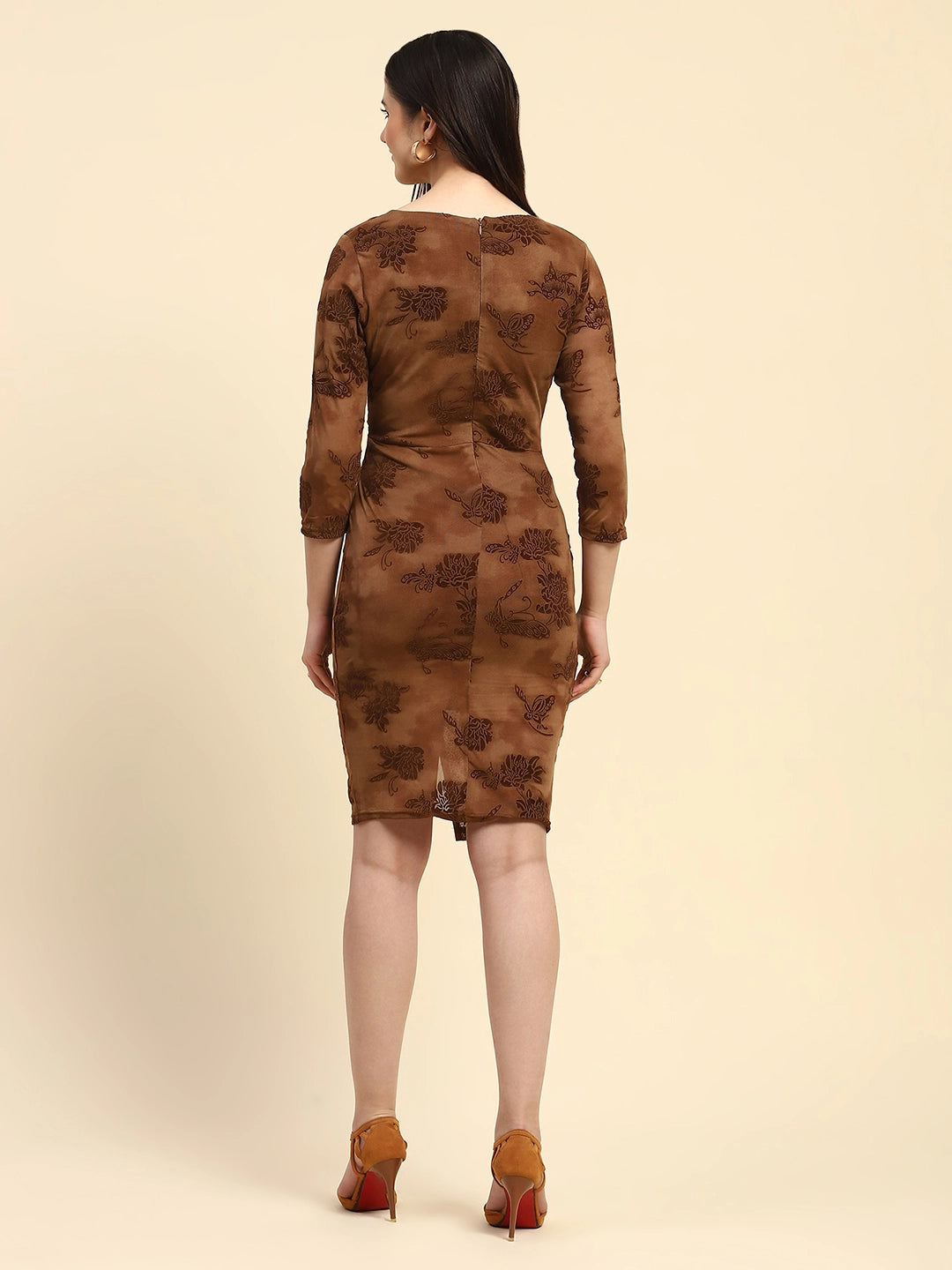 Brown Embellished Slim Dress - Global Republic