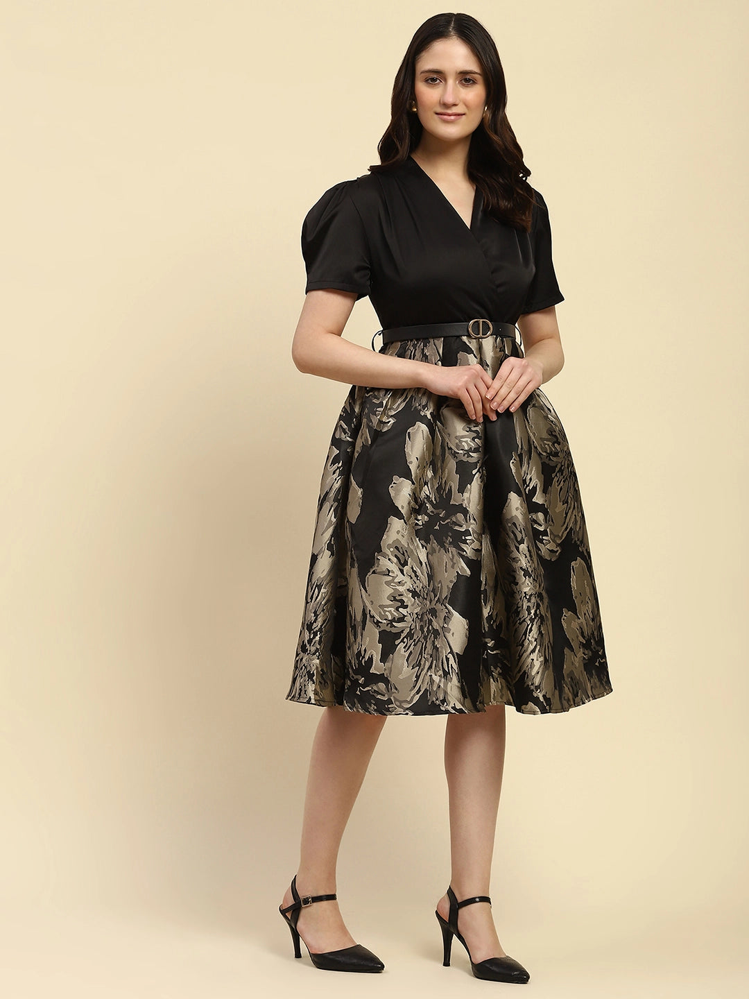 Black Satin Fit & Flare Dress - Global Republic