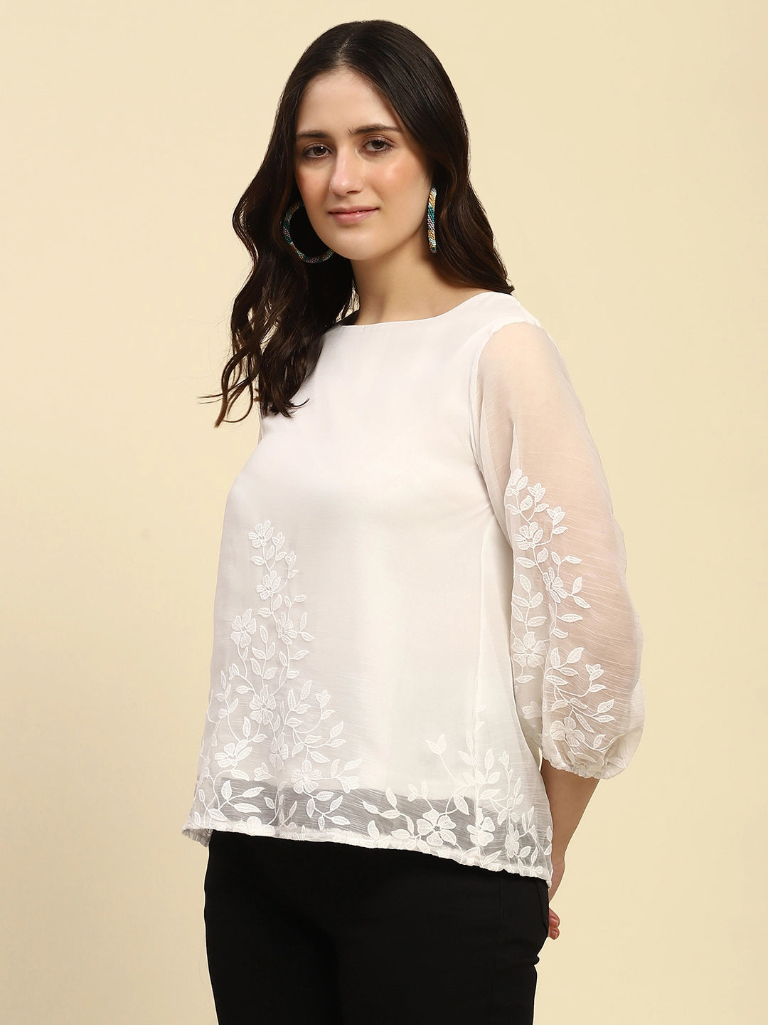 White Embroidered Chiffon Top - Global Republic