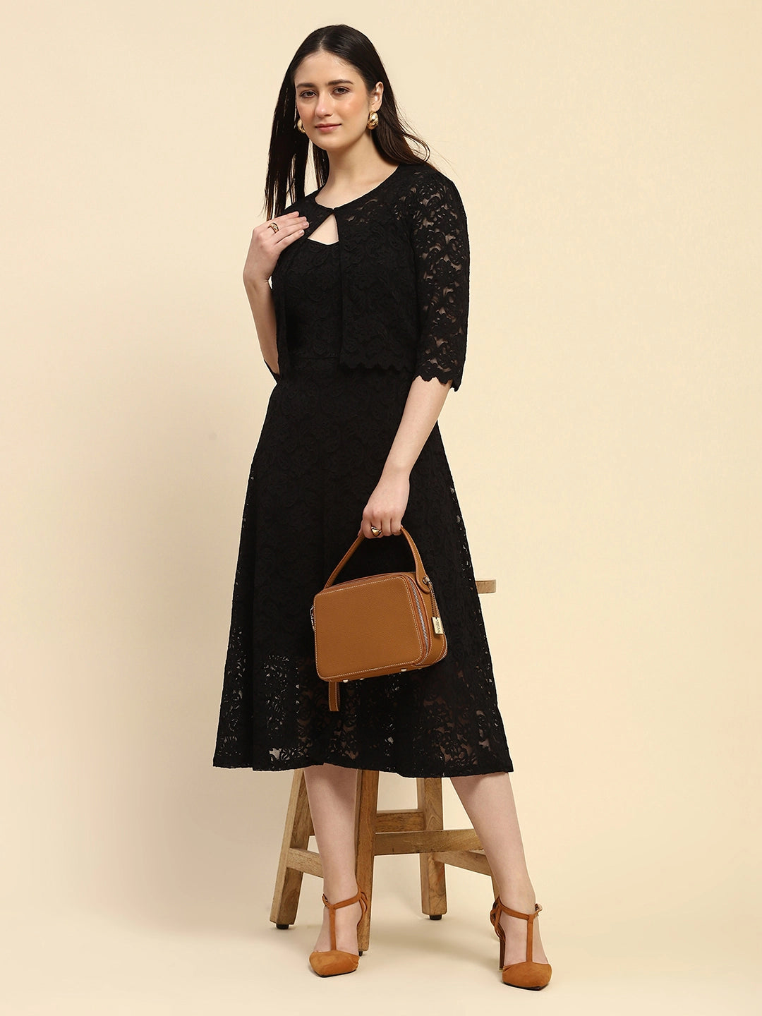 Black Floral Lace Fit & Flare Dress - Global Republic
