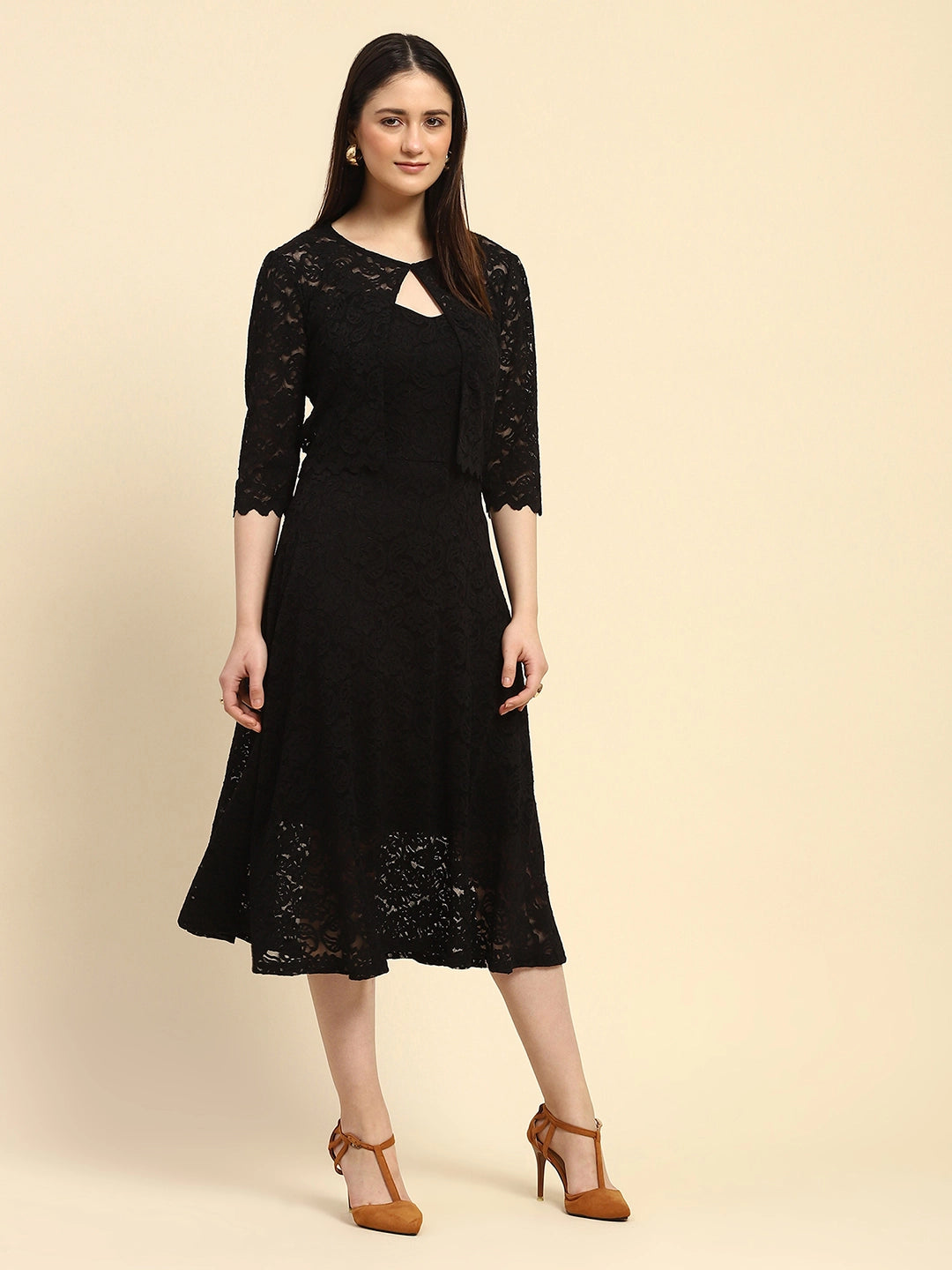 Black Floral Lace Fit & Flare Dress - Global Republic