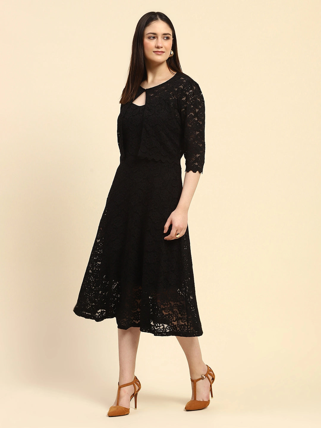 Black Floral Lace Fit & Flare Dress - Global Republic